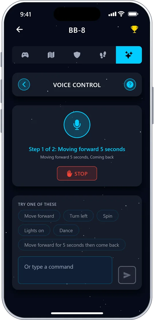 BB-8 AI voice control running a chained command