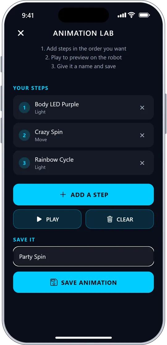BB-8 Animation Lab with three steps: Body LED Purple, Crazy Spin and Rainbow Cycle