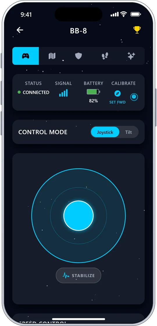 BB-8 control screen with joystick and STABILIZE button