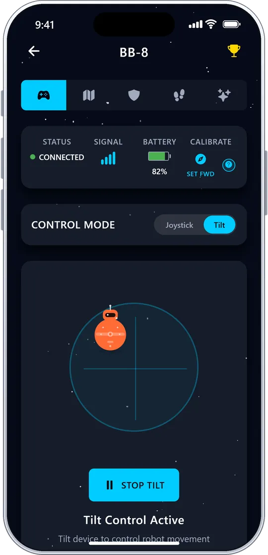 BB-8 tilt control mode, steering by tilting the phone