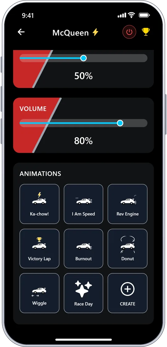 Lightning McQueen animations grid with a saved custom animation