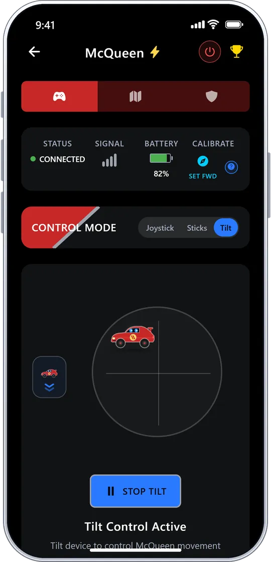 Lightning McQueen tilt control mode with STOP TILT button