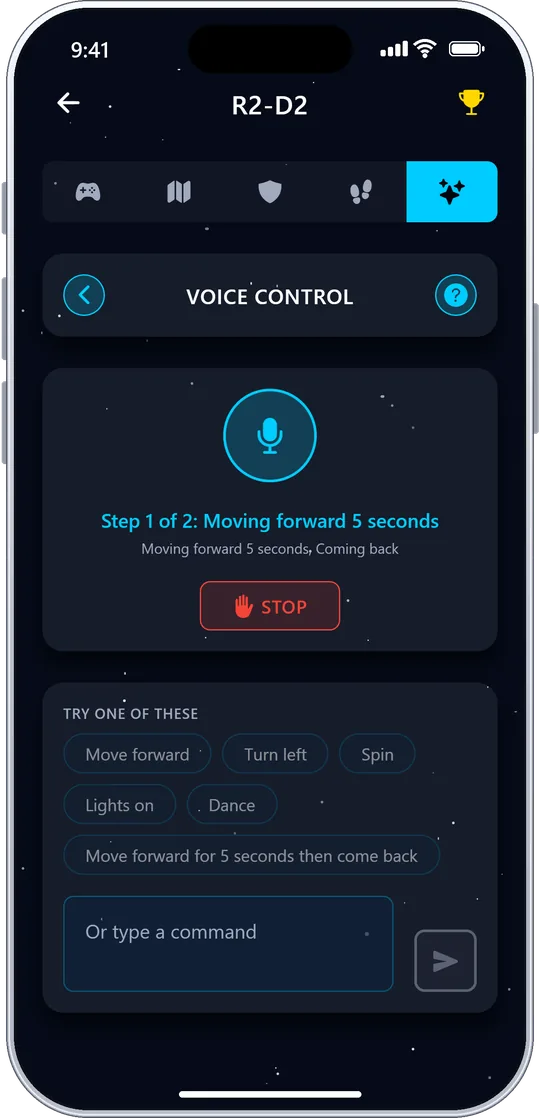 R2-D2 AI voice control running a chained command