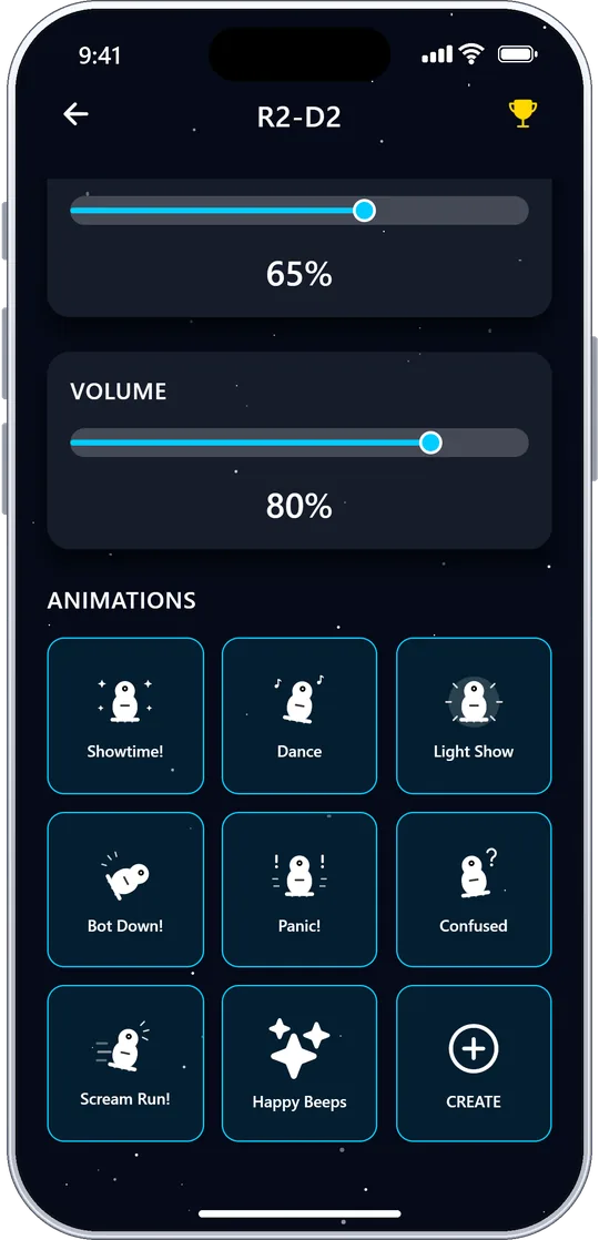 R2-D2 animations grid with a saved custom animation