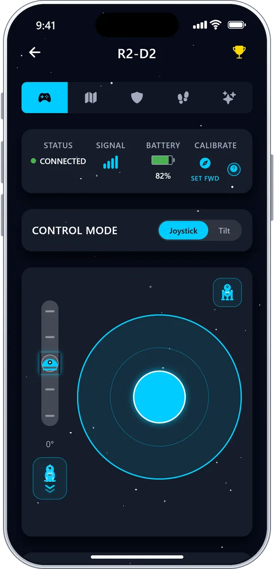 Legacy Bot Controller app control screen for R2-D2 with joystick, dome slider and stance toggle
